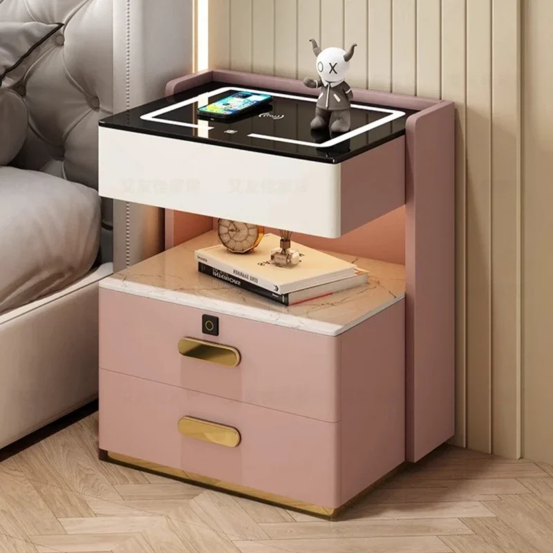 Solid wood smart bedside table Modern multi-function installation-free bedroom rock slab charging bedside table Cream