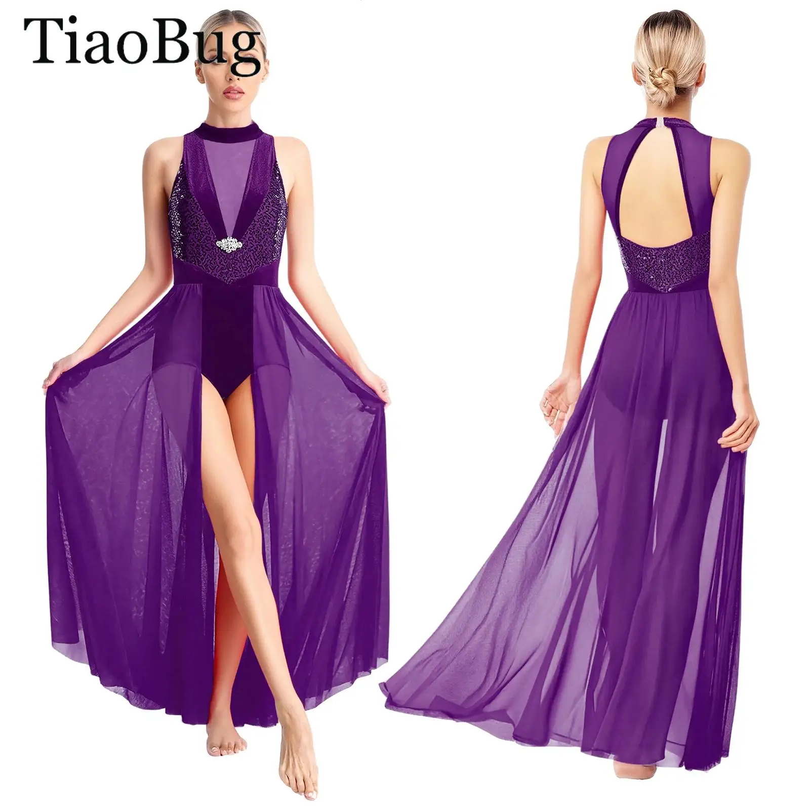 

Women Modern Lyrical Dance Dress Contemporary Dance Costume Sequins Halter Sleeveless Maxi Dress Ballet Gymnastics Leotard Dress