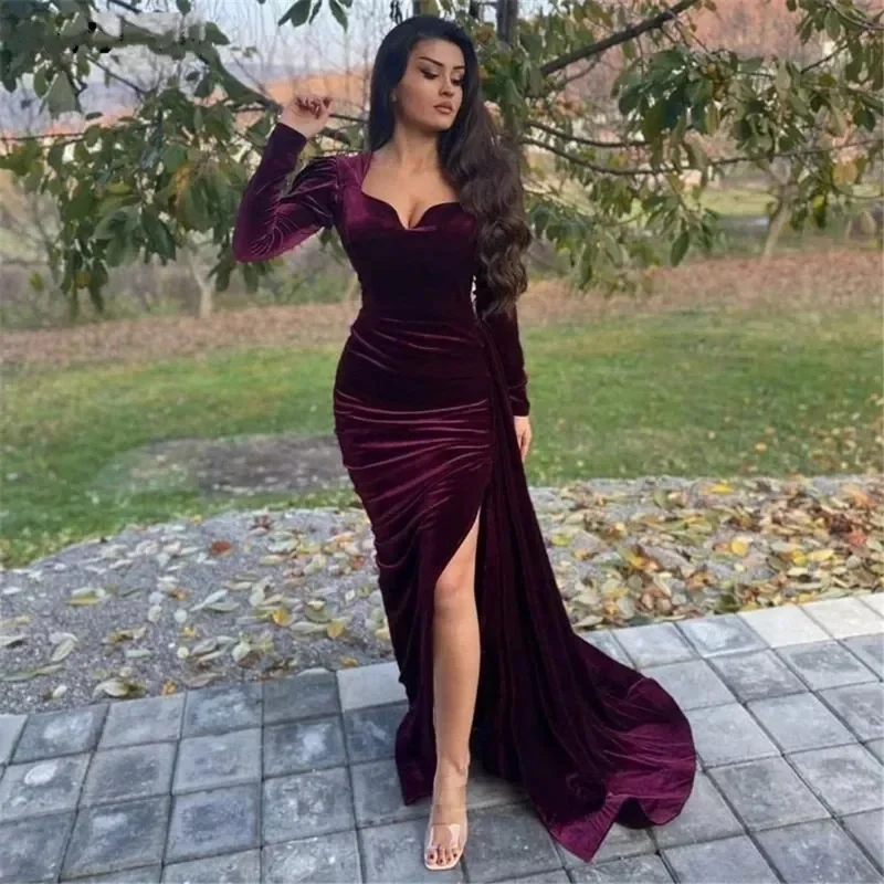 

Elegant Velvet Mermaid Evening Party Dress 2026 Scoop Side Split Long Prom Formal Gowns Banquet Arabic Robe De Soiree