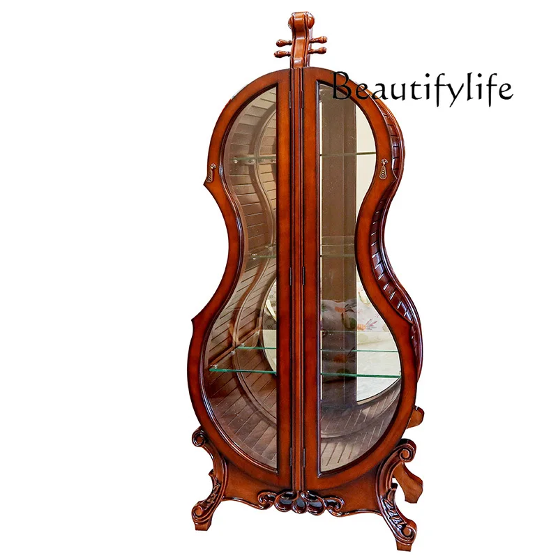 Violin Wine Cabinet Solid Wood Carved Glass Double Door Home European Style American Ornaments