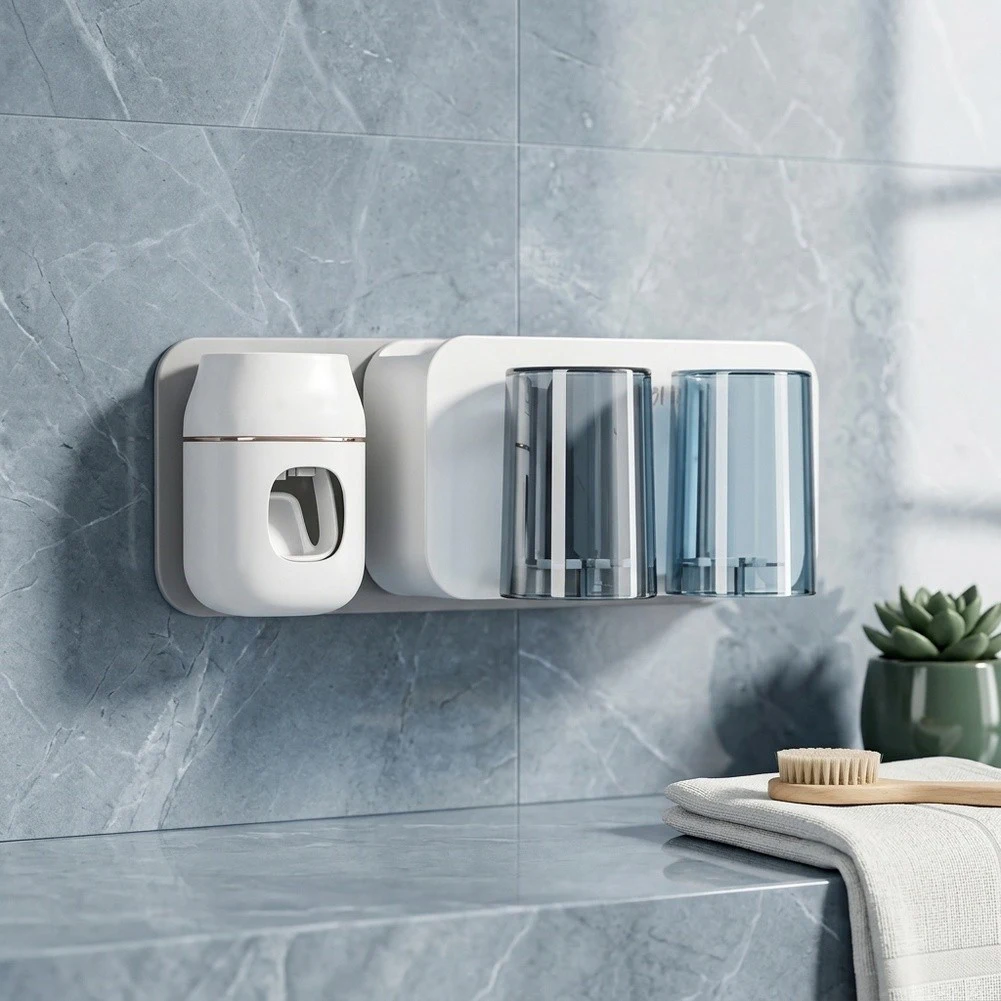 2pcs White No Drill Wall Mounted Toothbrush Holder With Automatic Toothpaste Dispenser And Cups For Bathroom Storage Organizer