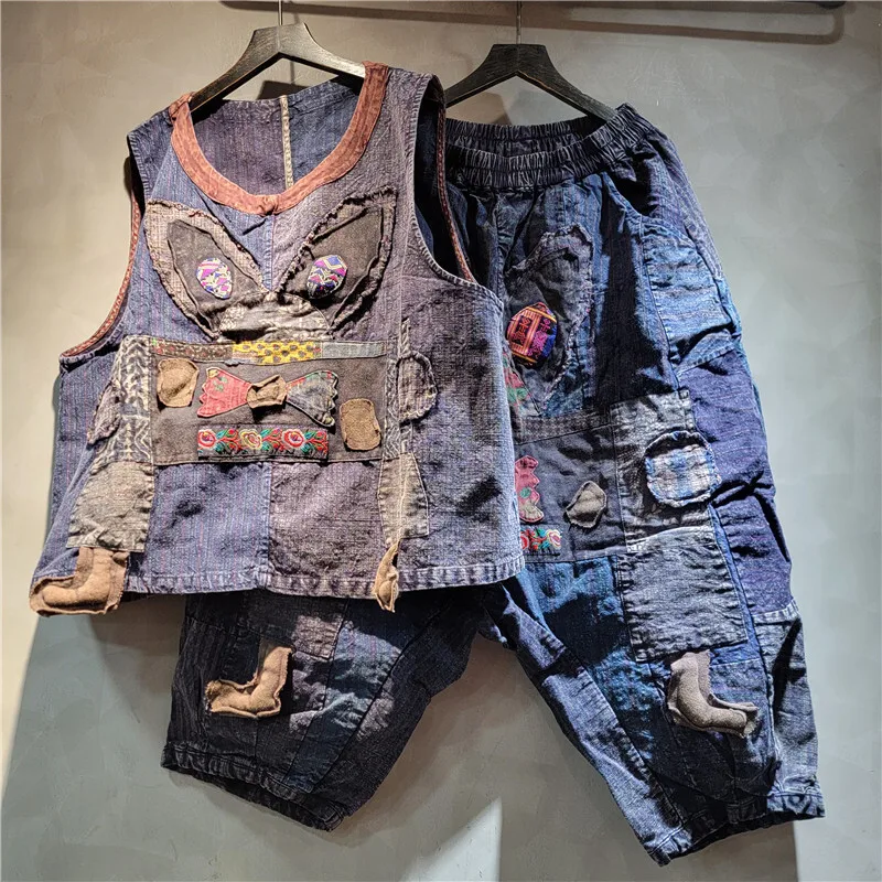 WTHT moda mujer pesado industy bordado Patchwork chaleco estampado Vintage elástico pantalones de cintura alta mujer 2025 verano 1LS1611