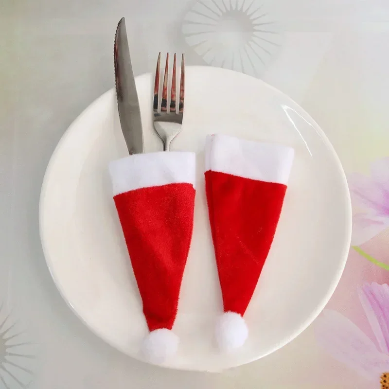 1/5/10pcs Christmas Hat Knife Fork Set Christmas Tableware Decorations Big Ball Hat Wine Bottle Hat Tableware Cutlery Set