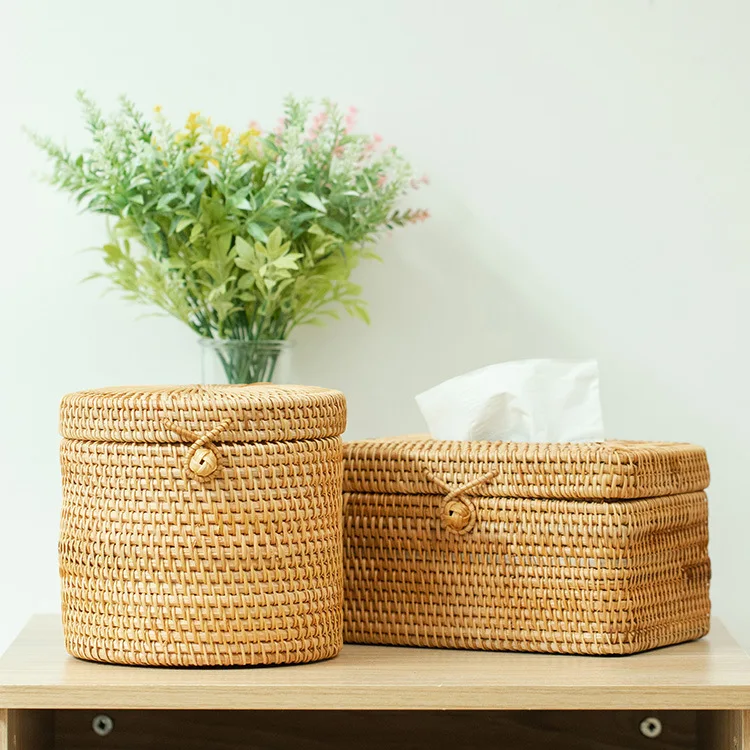 Rattan Tissue Box Desktop Toilet Paper Handkerchief Case Simple Napkin Holder Hand Woven Car Tissue Paper Dispenser Home Decor