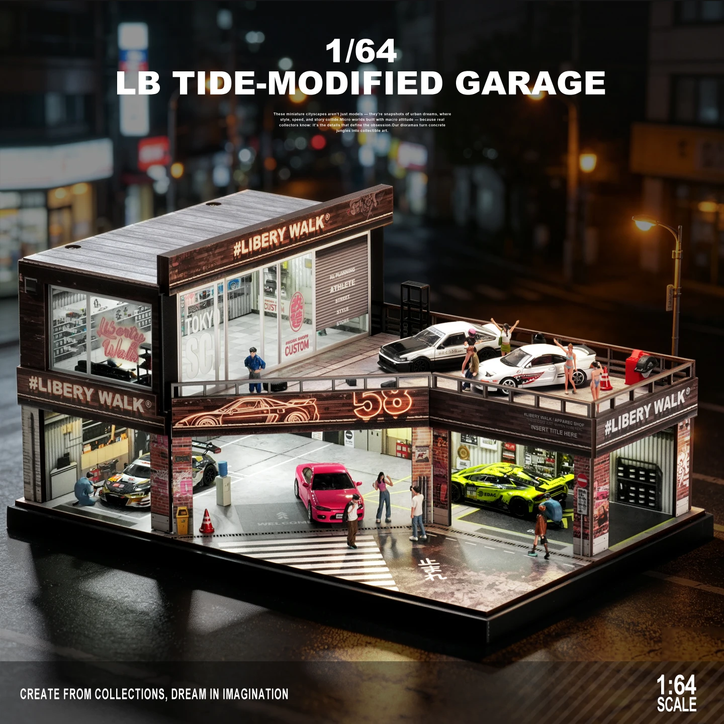 Collector 1:64 LBWK Modification Shop Miniature Car Model Storage and Display Scene Suitable for Car Collection