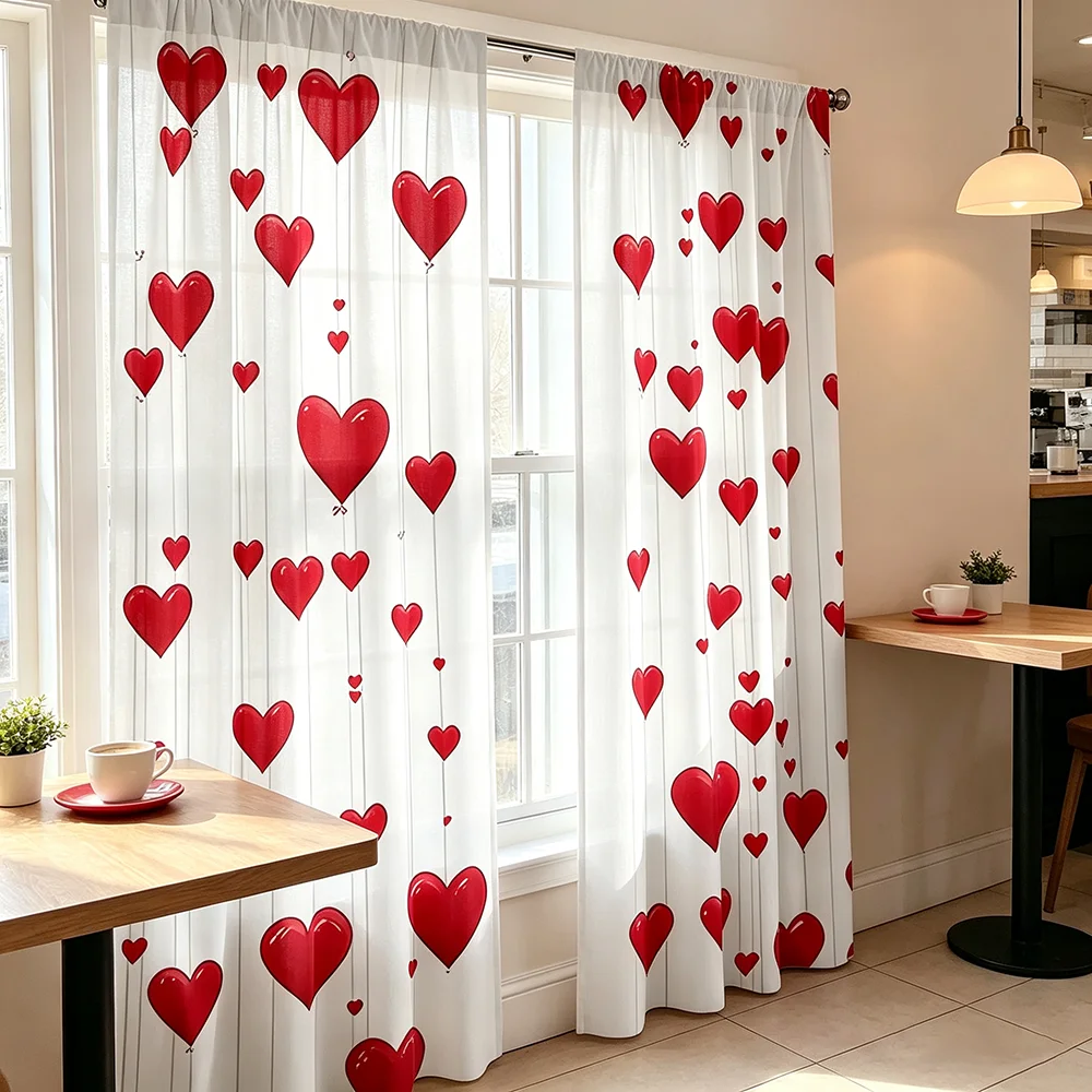 Red Heart String Hanging White Pattern Curtains, Rod Pocket, Polyester, Home Decor, Bedroom Living Room, Sweet Valentine