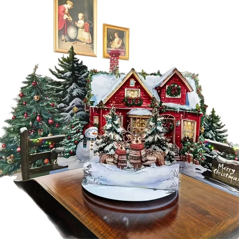 1 Set 3D-Weihnachtskarte „Night Before Christmas“-Szene mit Weihnachtsmann, Rentier, verschneiten Dorf, festliche Feiertags-Grußkarte