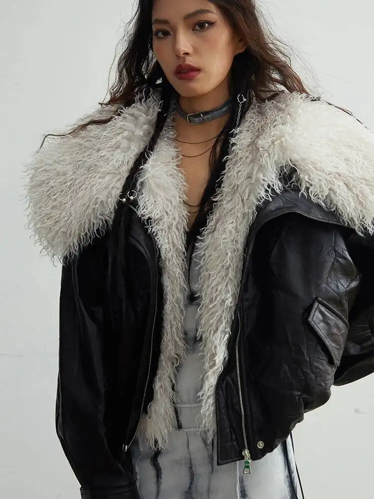 PU Black Big Size Leather Jacket New Removable Fur Collar Long Sleeve Women Coat Fashion Spring Autumn 2026 1DH0149