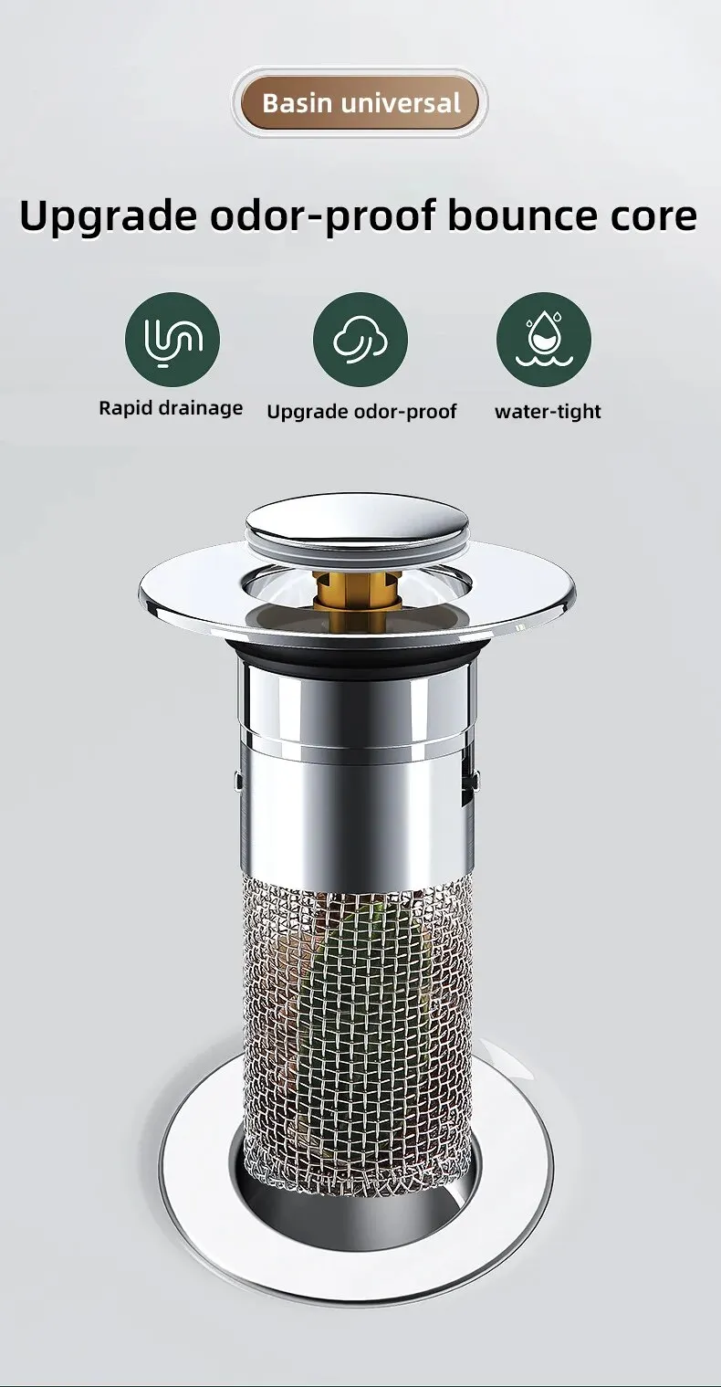 Bounce Core Tappo A Pressione Per Lavello In Acciaio Inox - Anti-Intasamento Con Cestello Filtrante Per Fori Da 28 A 32 Mm - 2
