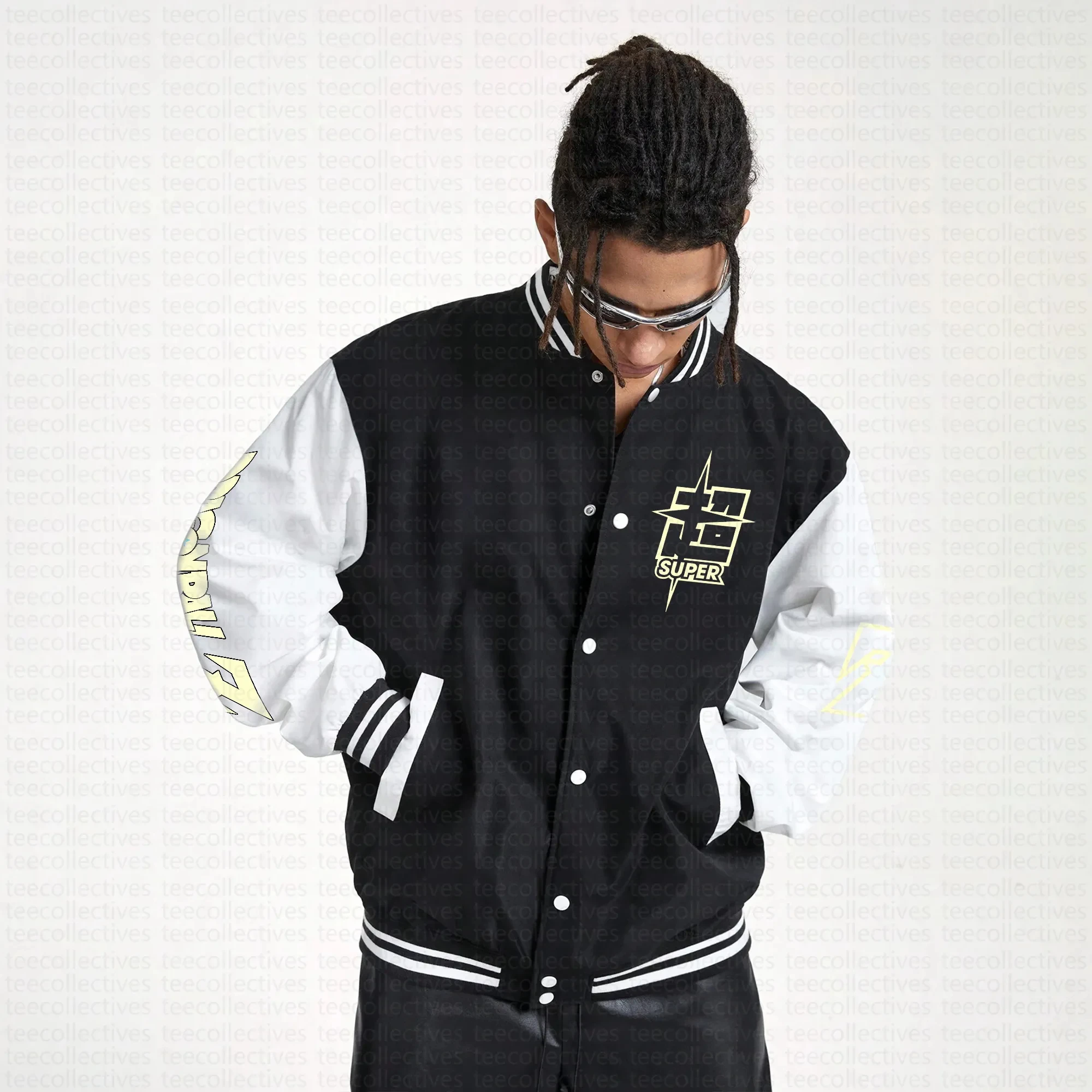 Giacca da baseball bianca nera da uomo con Dragon Ball Z Goku Super Saiyan Aura Stampa posteriore Arancione Blu Gi Design manica per casual