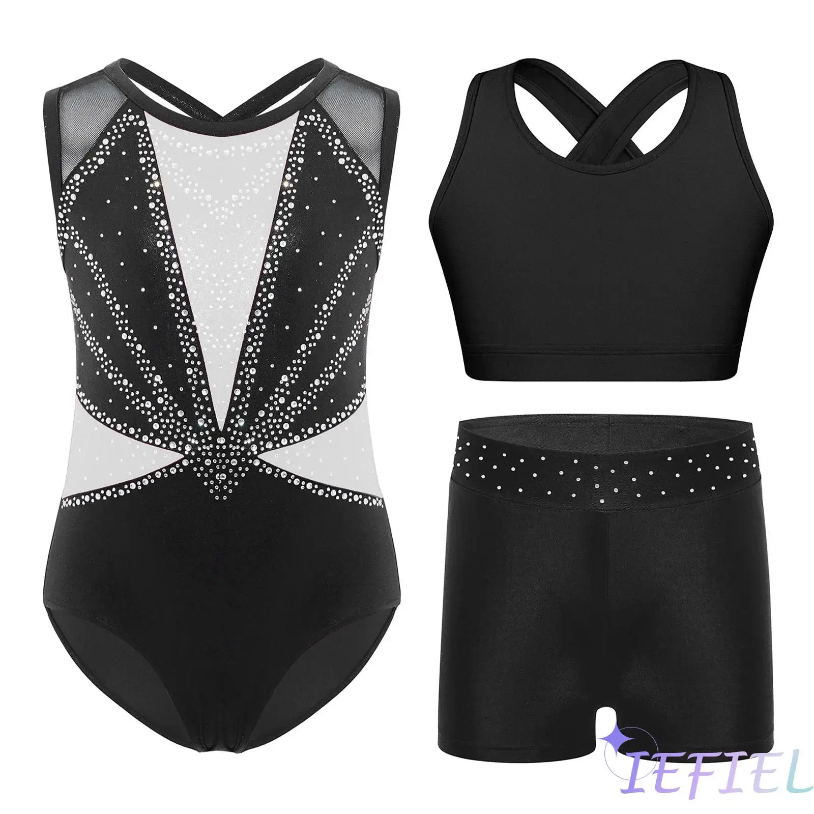 Girls Ballet Dance Gymnastics Outfit Round Neck Sleeveless Shiny Rhinestones Leotard with Cross Back Vest And Waistband Shorts