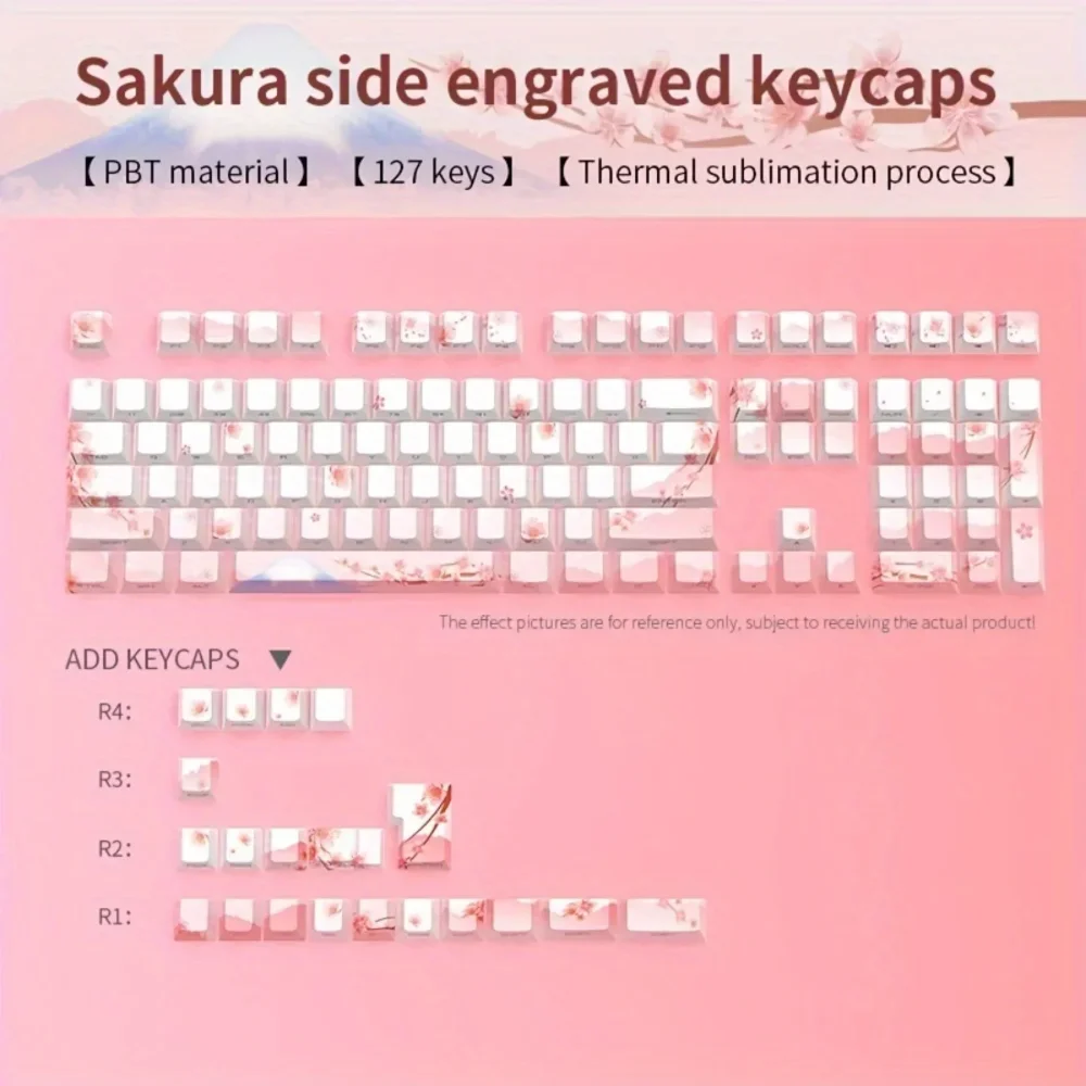 Cherry Blossom Pink Mechanical Keyboard Keycap 128 Keys, Cherry, Side Engraving, Illuminated PBT Material, Cute Girl