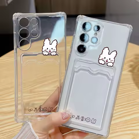 Card Holder Cartoon Phone Case For Samsung Galaxy S25 S24 Ultra S23 FE S22 Plus A06 A05s A05 Silicone Shockproof Funda Cover