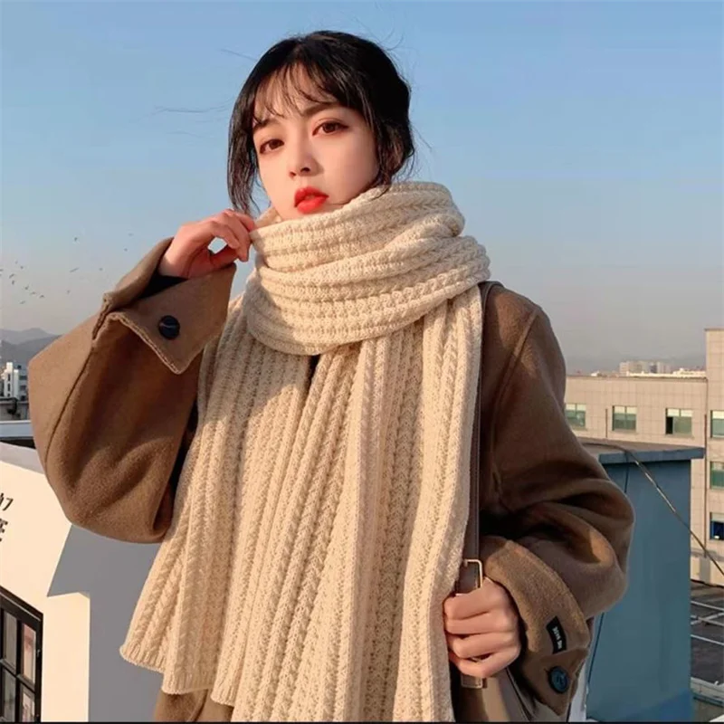 Cashmere Scarf for Women Winter Thickened Warm Shawl Outdoor Fashion Versatile Solid Color Knitted Wool Lady Long Neckerchief