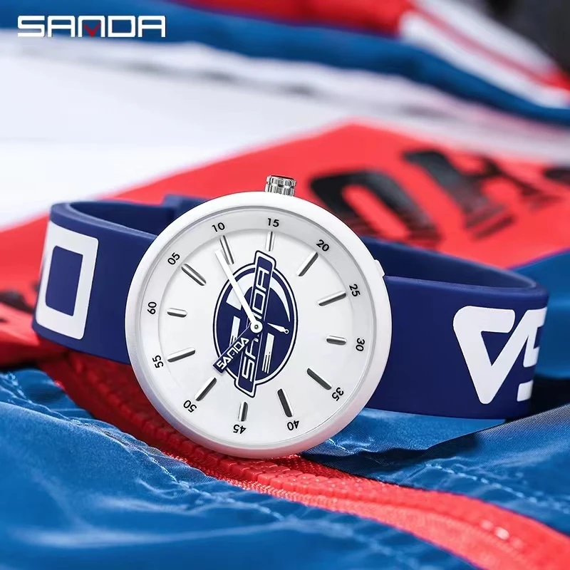 Sanda 3211 Teenager Unisex Fashion Design Waterproof Analog Display Alloy Dial Silicone Strap Quartz Movement Wrist Watch