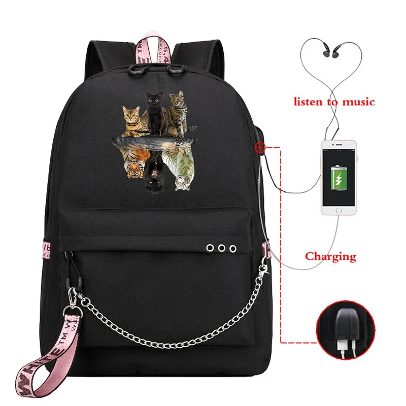 Adolescente saco de escola para meninas usb mochila saco gato impressão bookbags estudante médio saco preto viagem portátil bagpack