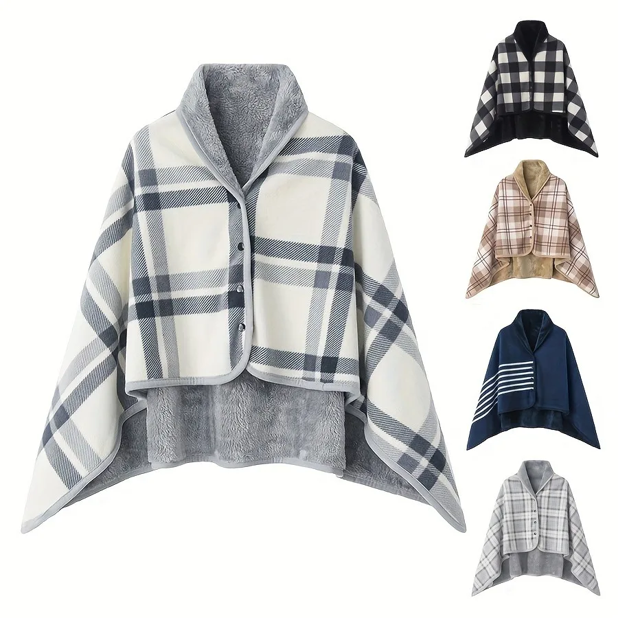 Wearable Fleece Blanket Plaid Poncho Lap Throw Comfy with Buttons for Sofa Bed Office Grey and White