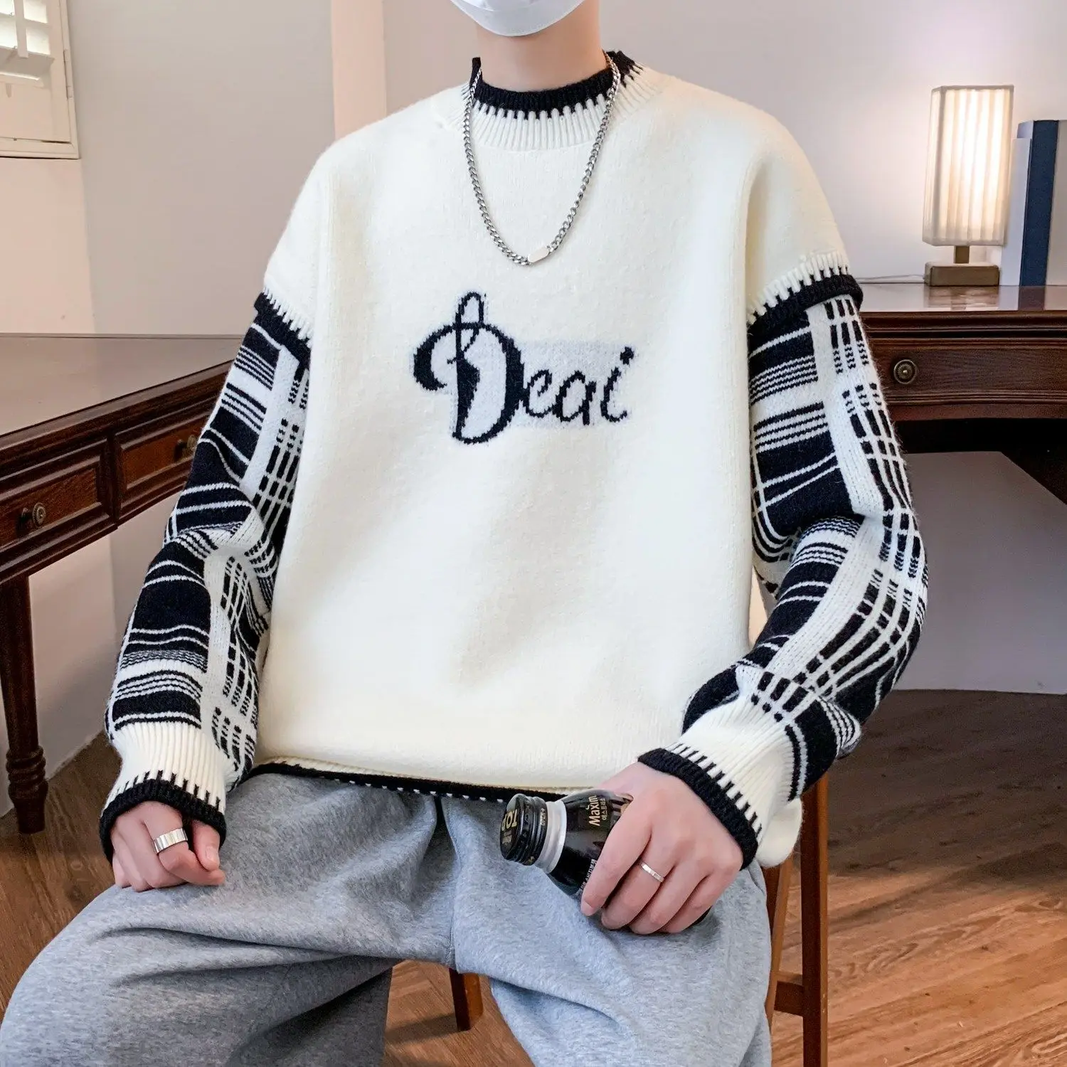 Color blocking sweater for men and women autumn and winter 2024 letter knit sweater for couples loose casual American round neck