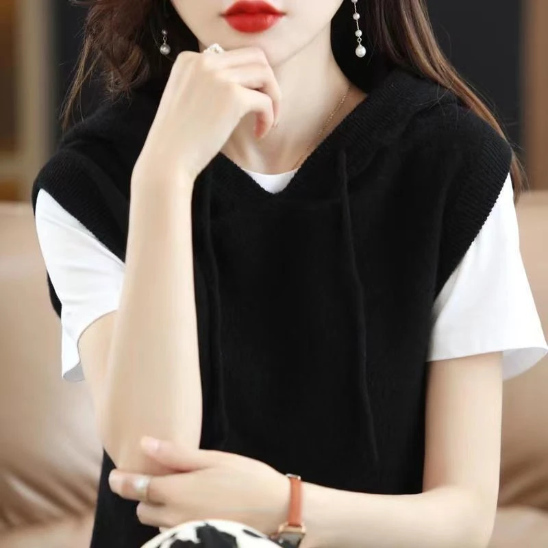 Neue Herbst Winter Frauen casual-Sleeveless Streetwear Weiche Kapuze Gestrickte Pullover Weste Lose Pullover Alle-spiel Weste