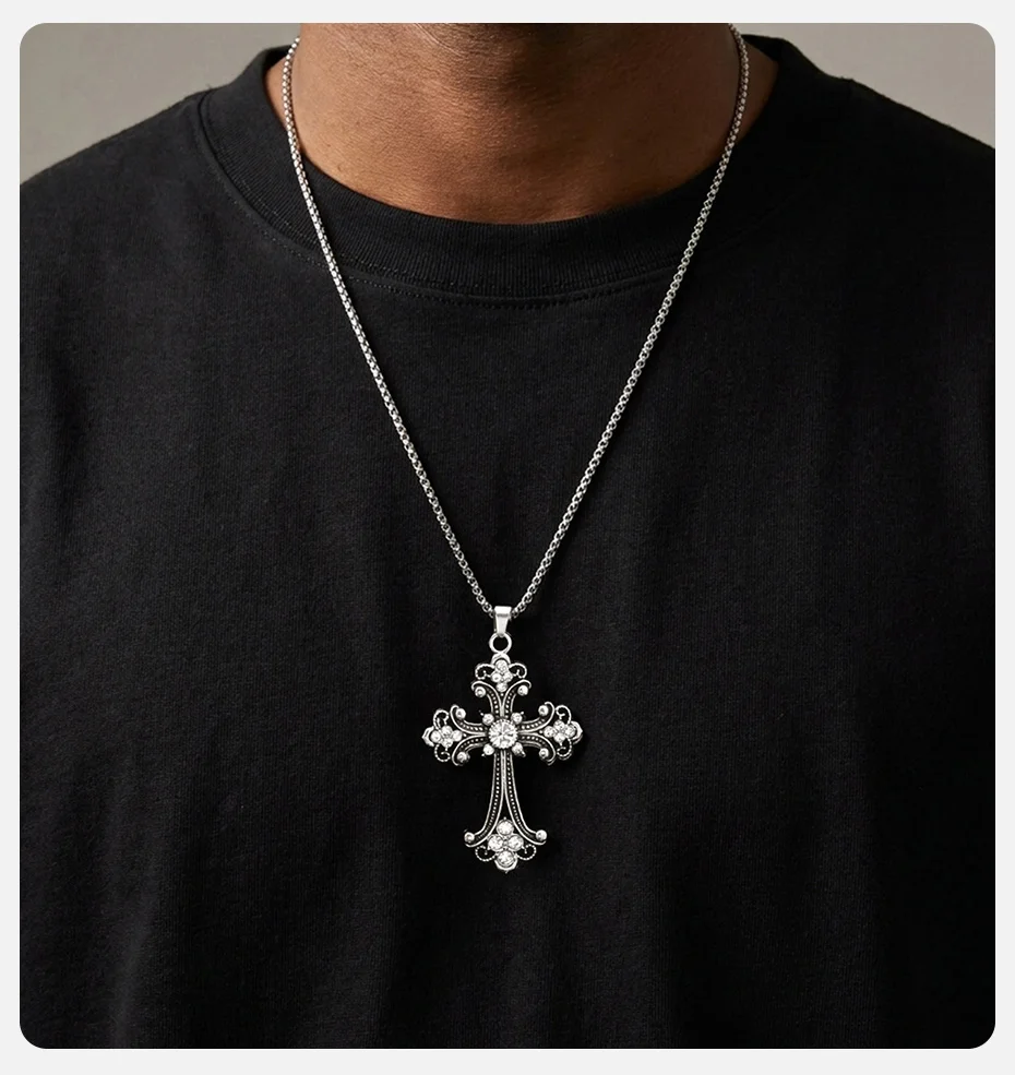 Vnox Gotische Kreuz-Anhänger-Halskette, Vintage Punk Legierung Kreuzkette, Religiöses Amulett-Schmuckgeschenk für Männer Frauen Hip-Hop-Halskette – Detail 4