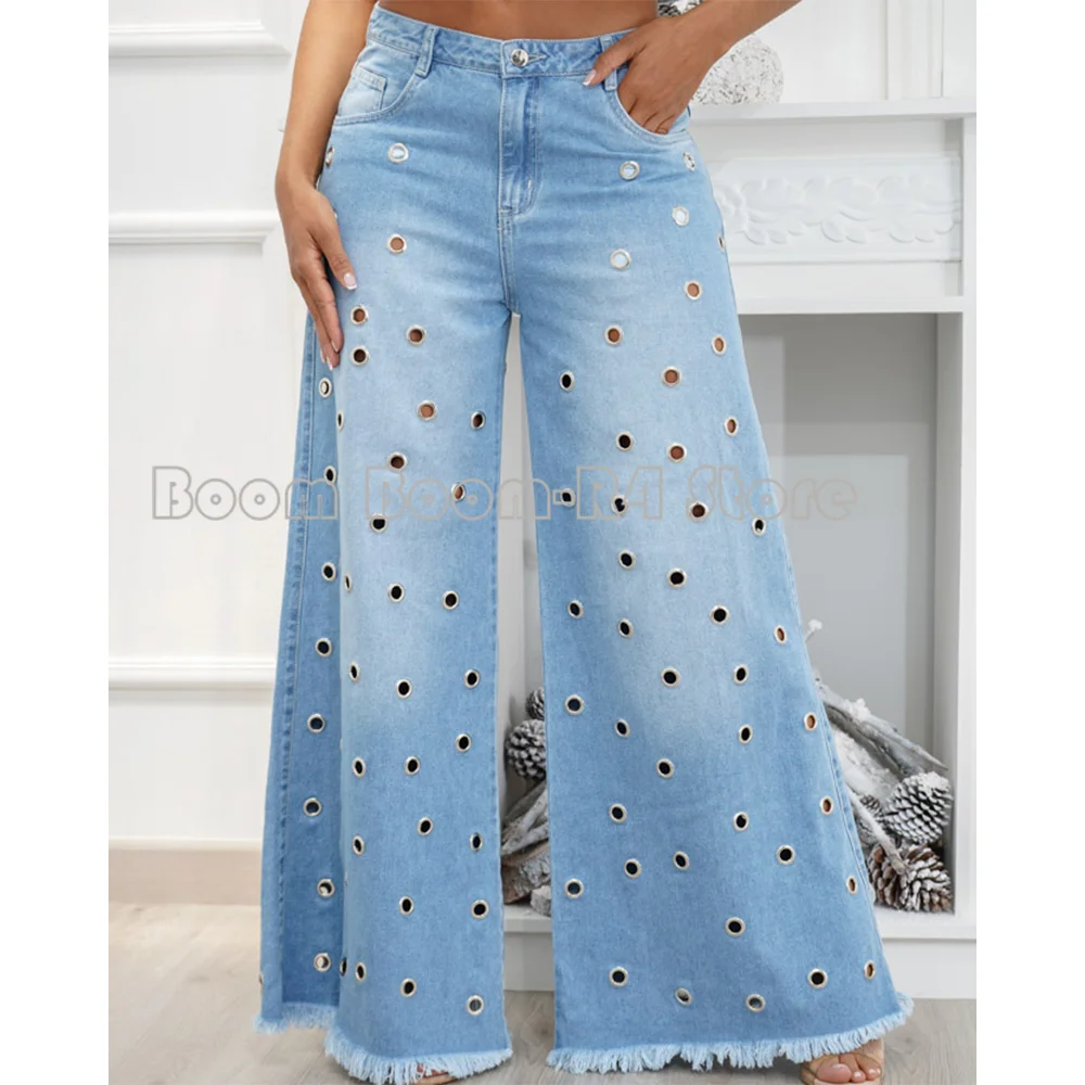 

y2k Straight Pockets Hip Hop Trousers High Waist Jeans Women Fashion Silver Shiny Print Loose Wide Leg Denim Pants Streetwear