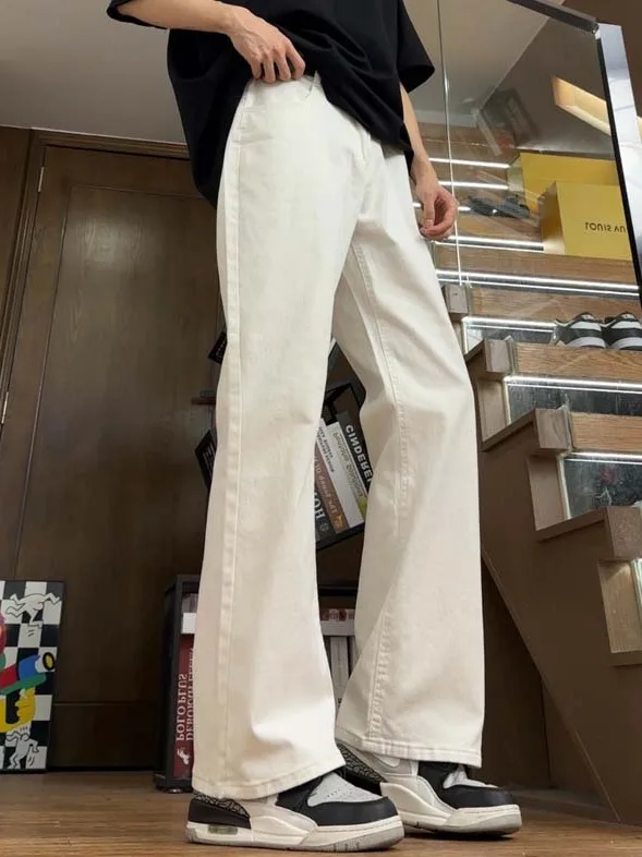 

Cleanfit Белые американские расклешенные джинсы Мужские облегающие брюки с высокой талией Не обтягивающие брюки с ножом Молодежные повседневные джинсовые брюки