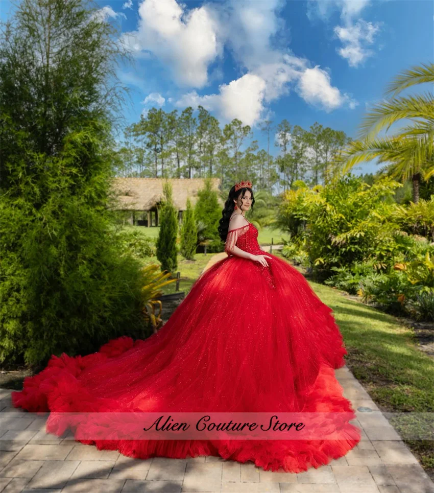 Vestido de quinceañera rojo brillante, traje con volantes, cuentas de cristal, apliques de tul, dulce 16, tren de corte, 2024