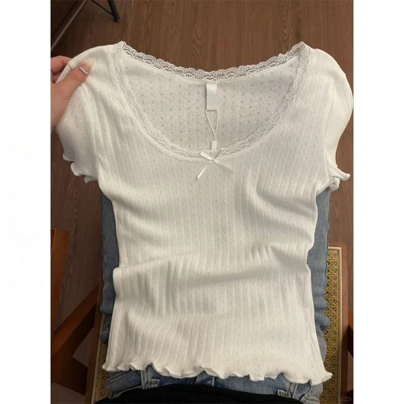

Deeptown Sweet Lace Bow T-shirts Women White Shoujo Girl Aesthetic Short Sleeve Tees Sexy Coquette Korean Style Kawaii T-Shirts