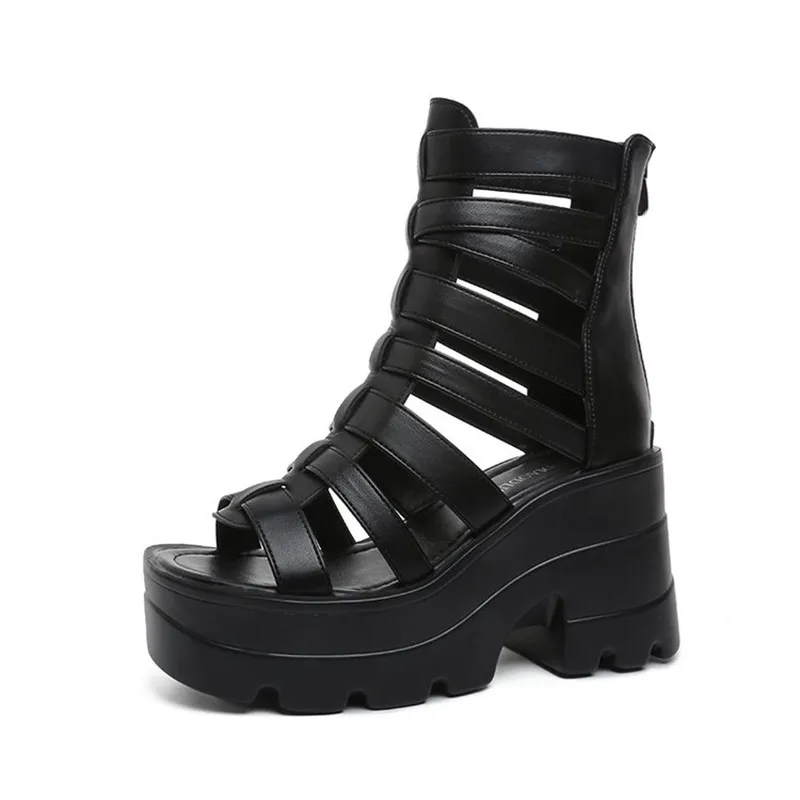 

2026 Super High Heel Sandals Shoes Women Summer New Round Toe Patent Leather Platform Cutout Breathable Block Heel Roman Sandals