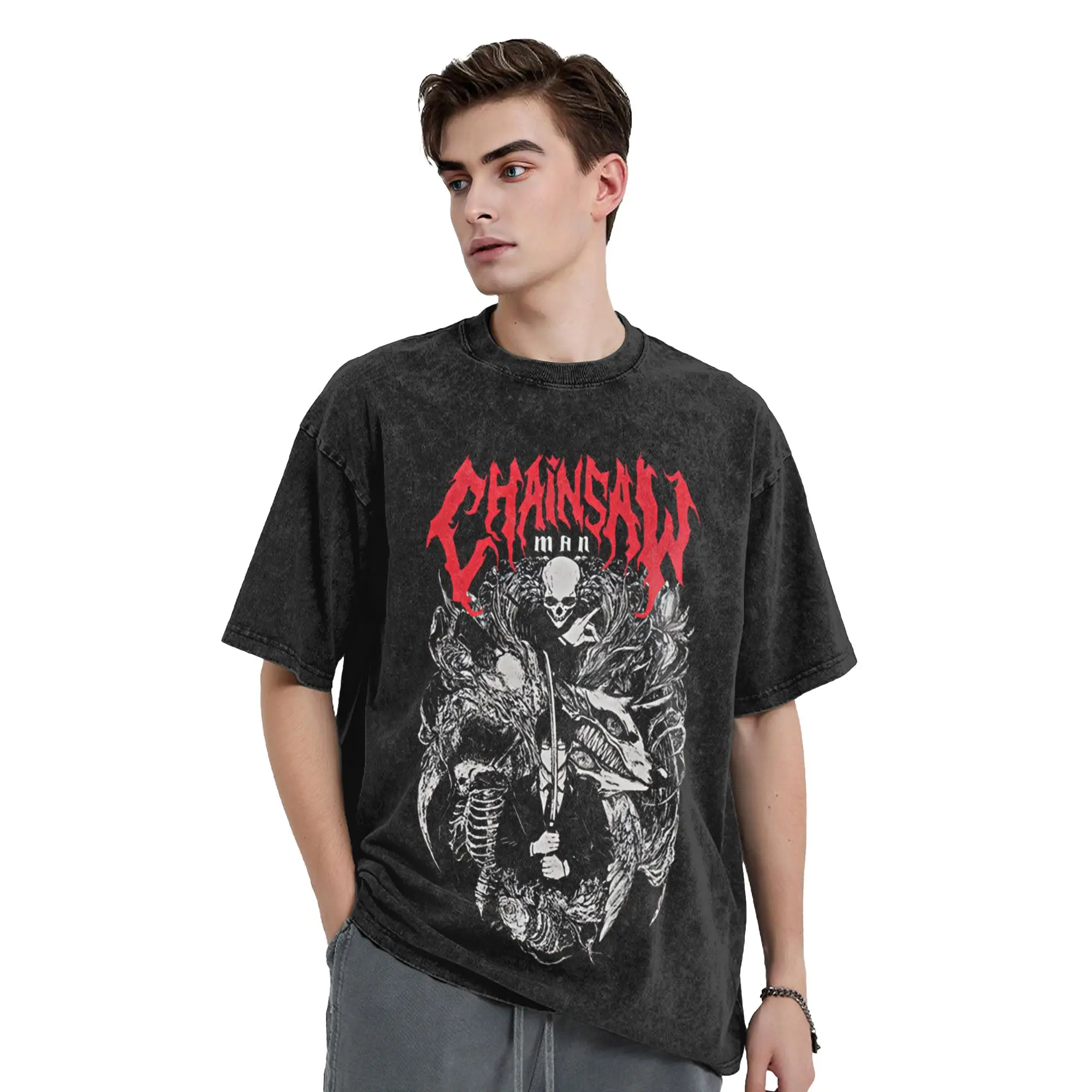Ullzang Chainsaws Man Vintage Washed T-Shirt Men Crewneck Short Sleeve Tops Shirts Anime Cotton Summer Top Tee