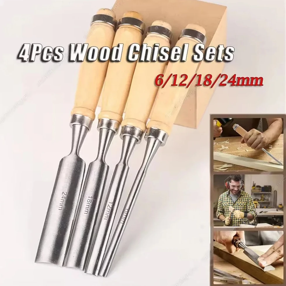 Professional Woodworking Chisel Kit 4 Sizes 6/12/18/24mm Ergonomic Grip DIY Wood Carving Sculpture Tools