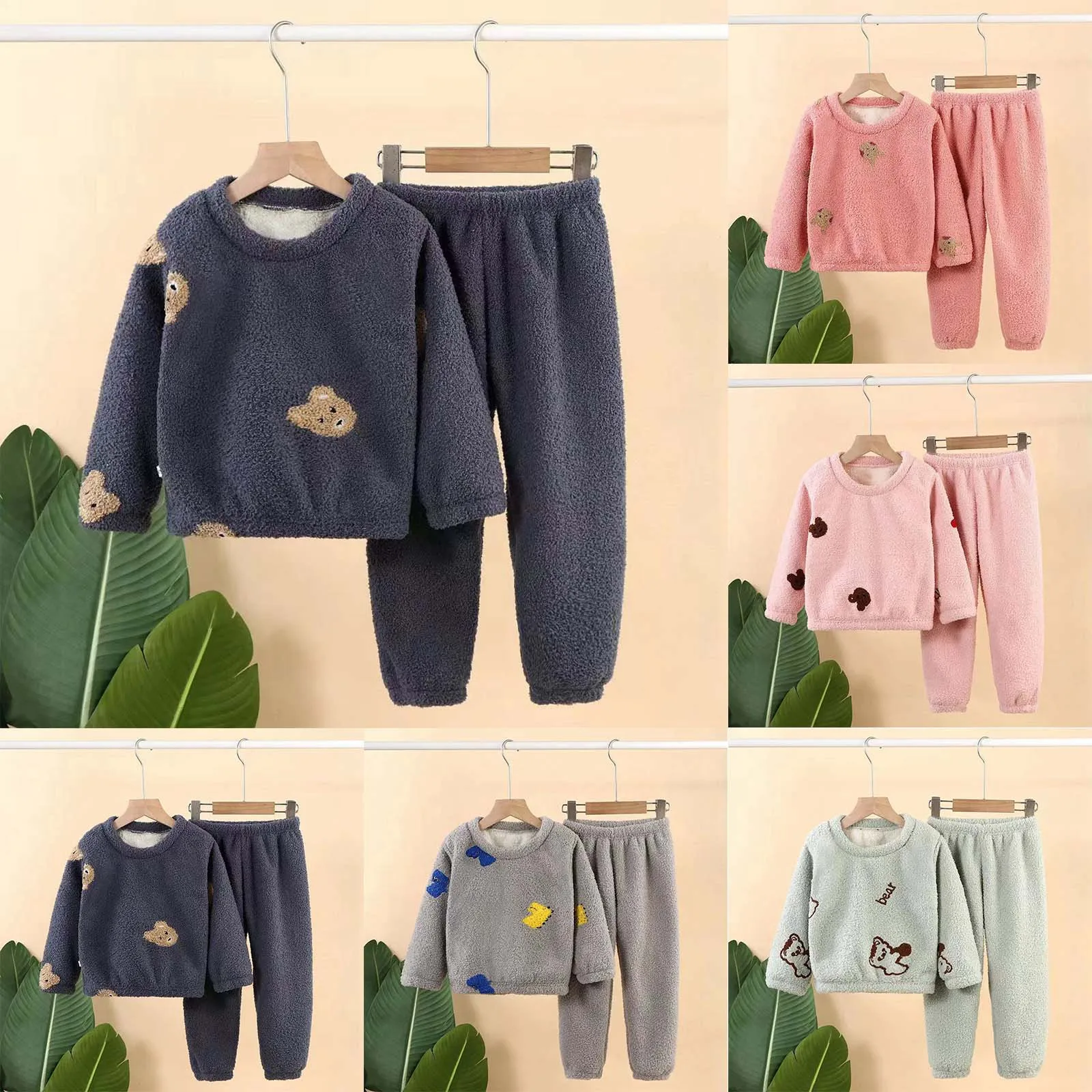 2-10T Kids Autumn Winter Thicken Warm Fleece Pajamas Cute Cartoon Bear Casual Clothing Sets Baby Boys Girls Homewear Set Pyjamas