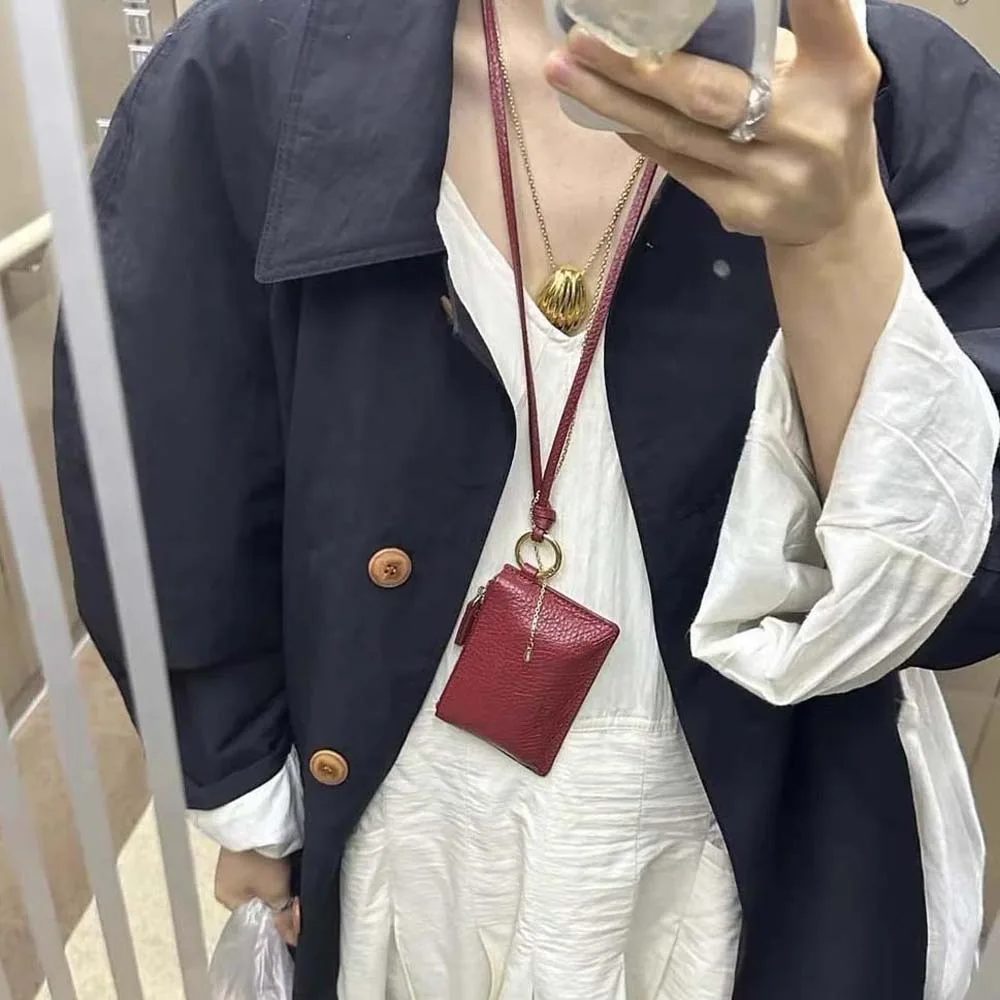 

Earphone Bag Square Hanging Neck Coin Purse Casual with Lanyard Soft PU Wallet Zipper Solid Color Portable Card Holder Daily