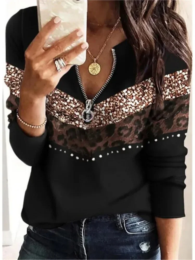 

Autumn Zipper V Neck Long Sleeve Print Casual Top Women's Shirt Fashion Loose Blouses And Tops Female