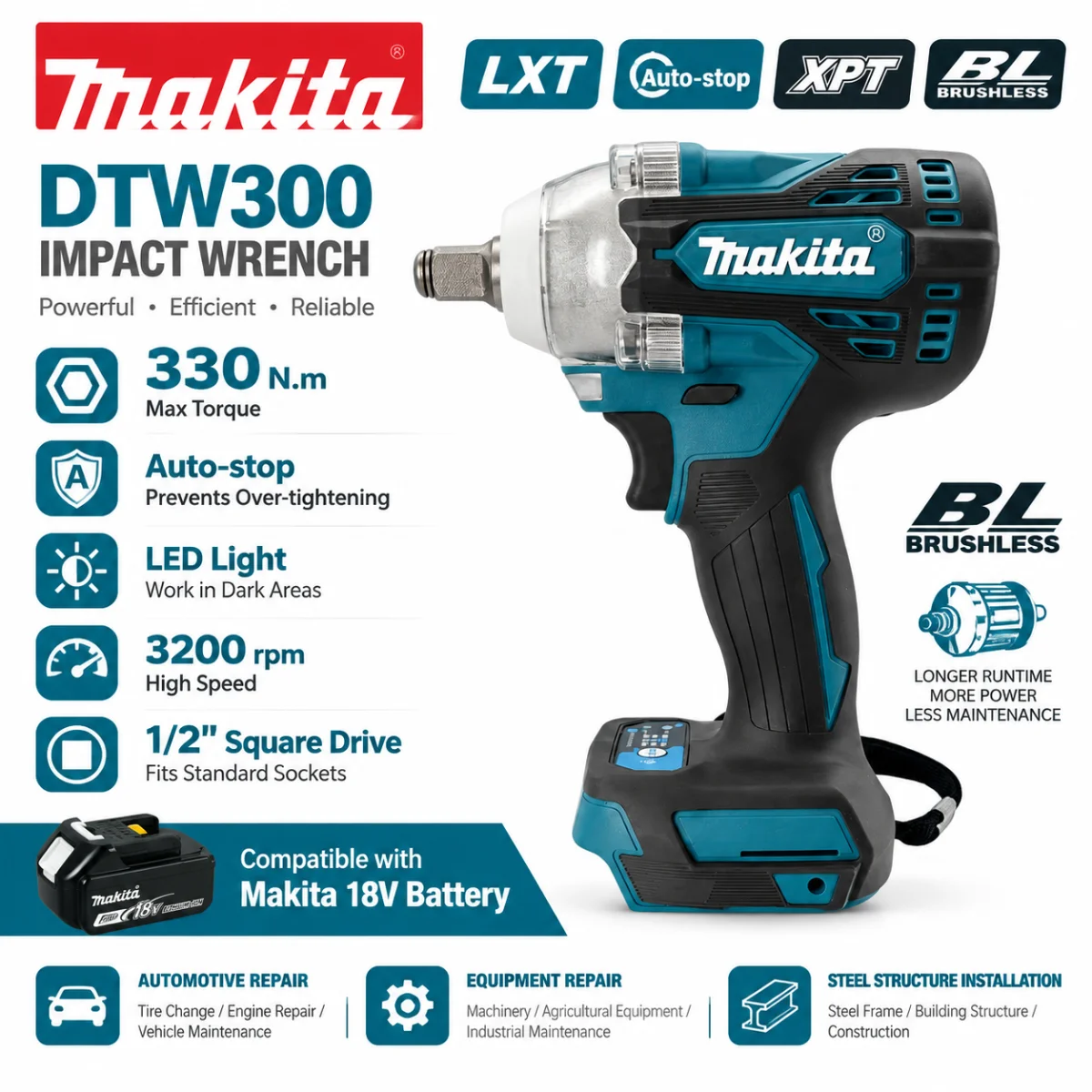 Makita Lithium Battery DTW300 Impact Wrench 18V Brushless Tool High Torque Power Wind Cannon for Auto Repair and Tire Removal