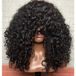 Soft Natural Black 26 Inch Long Kinky Curly Machine Wig With Bangs For Black Women High Temperature Fiber Cosplay Glueless Daily