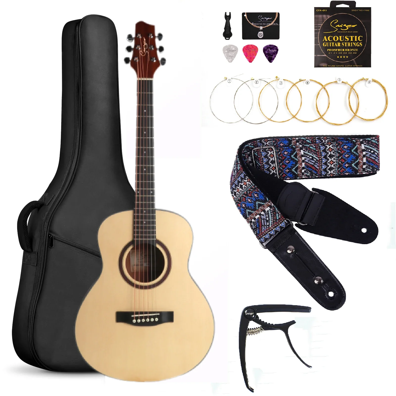 36 inch Acoustic Folk Guitar, High-end Handmade Acoustic Guitar for Traveling, Tech Wood Fingerboard, Fully Enclosed Winders