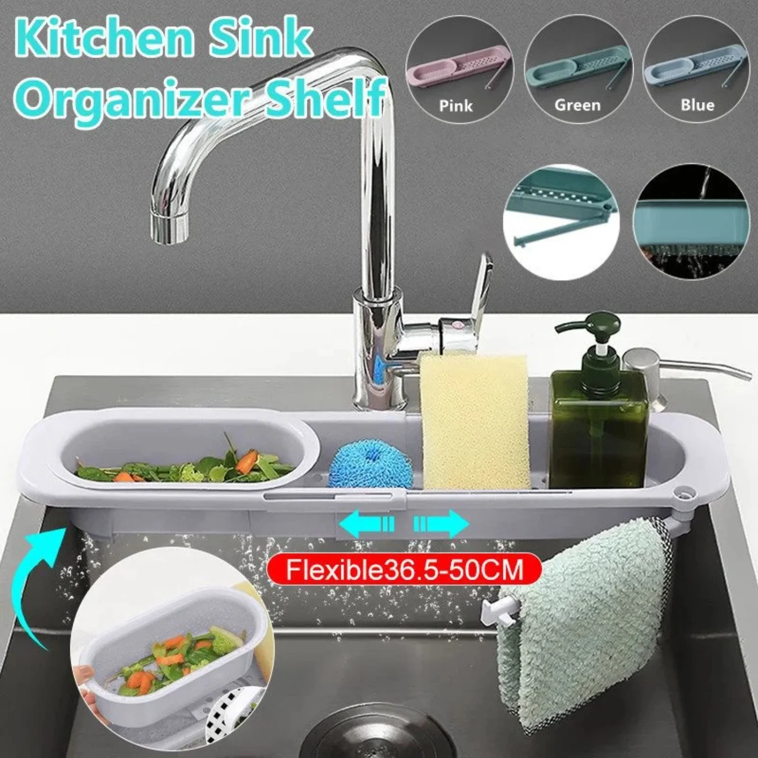 

Sink Organizer Shelf Telescopic Dish Towel Sponge Holder Rack