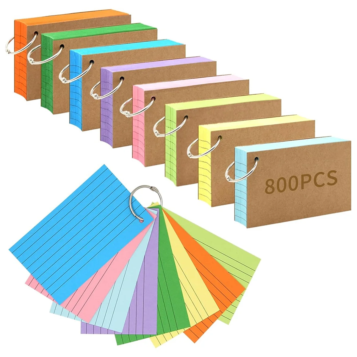 800 PCS Index Cards 3x5 Inches Colored Flash Cards with Ring, Punched Lined Flashcard Ruled Index Cards Notecards