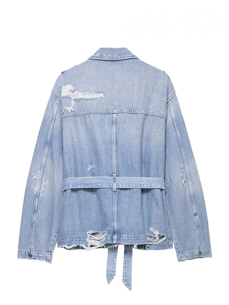 Hh mulheres outono vintage denim jaqueta feminina moda mangas compridas lapela com bolsos com cinto causal solto estilo de rua casacos