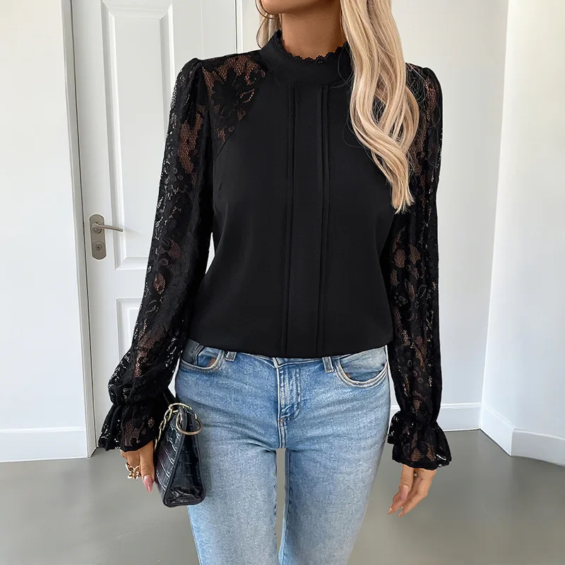 

2025 New Autumn Versatile Sexy and Elegant Half Turtle Neck Solid Color Lace Long-sleeved Women's Shirt