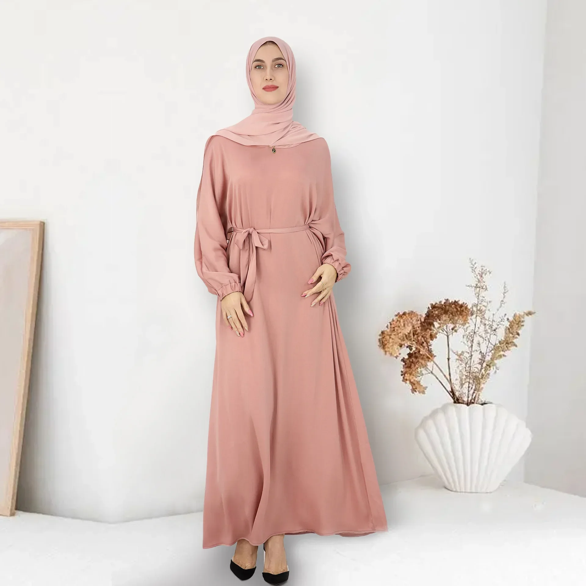 Solid Abaya for Women with Belt Islamic Clothing Satin Muslim Long Dress Casual Abayas Inner Dresses Dubai Modest Hijab Robe Eid