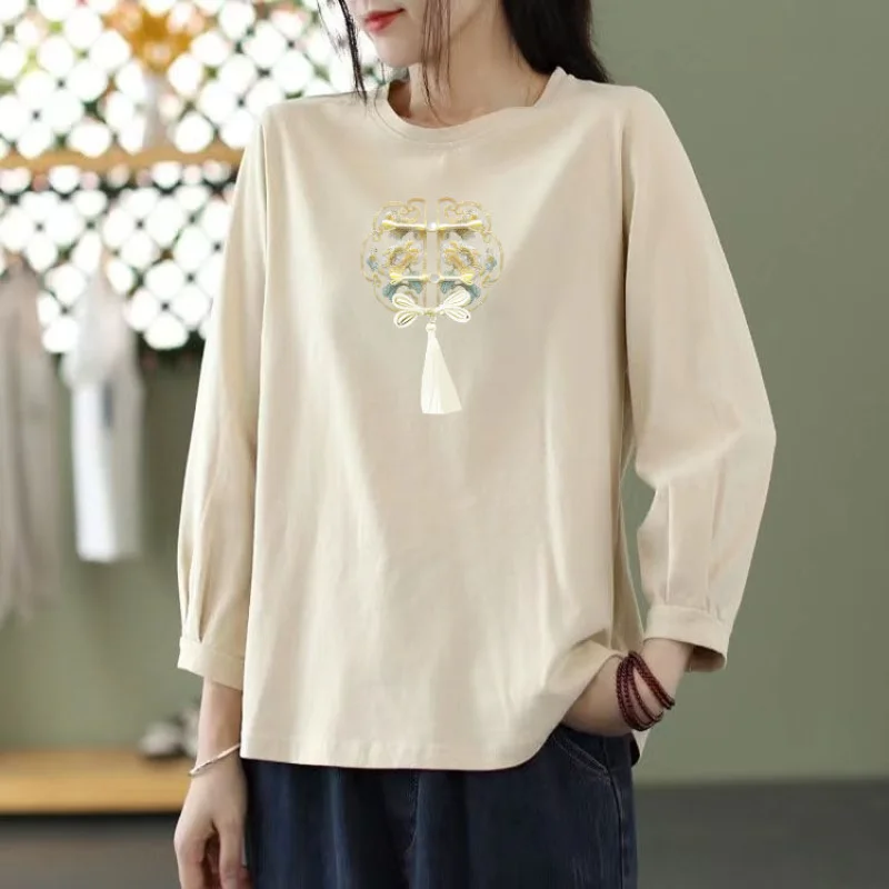 

Pure Cotton Nine-quarter Sleeve Printed T-shirt for Women New Solid Color Loose Large Size Slimming Mid-sleeved Round Neck Top