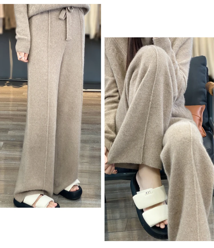 Wool Knitted Wide Leg Pants for Women in Autumn and Winter, with a Draping Feel and Straight Tube Wool Casual Woolen Pants