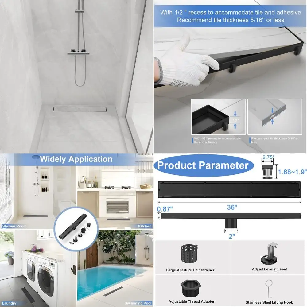 

Matte Black 36 SUS 304 Stainless Steel Linear Shower Drain with Tile Insert and Hair Strainer for Bathroom