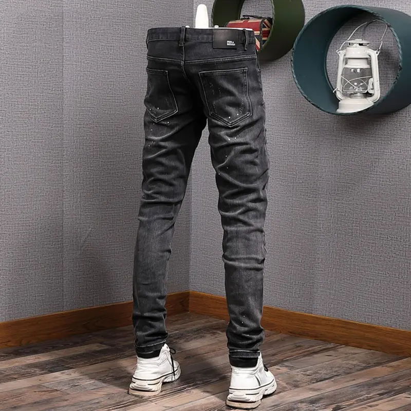 Street Fashion Men Jeans Retro Black Gray Stretch Slim Fit Ripped Jeans Men Elastic Vintage Designer Hip Hop Denim Pants Hombre