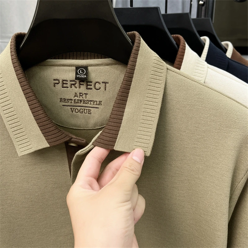 Herbstliches, bequemes Herren-Polohemd mit Print, Baumwollanteil, warm, einfarbig, langärmeliges T-Shirt, lässige Herrenbekleidung für den Alltag – Detail 10