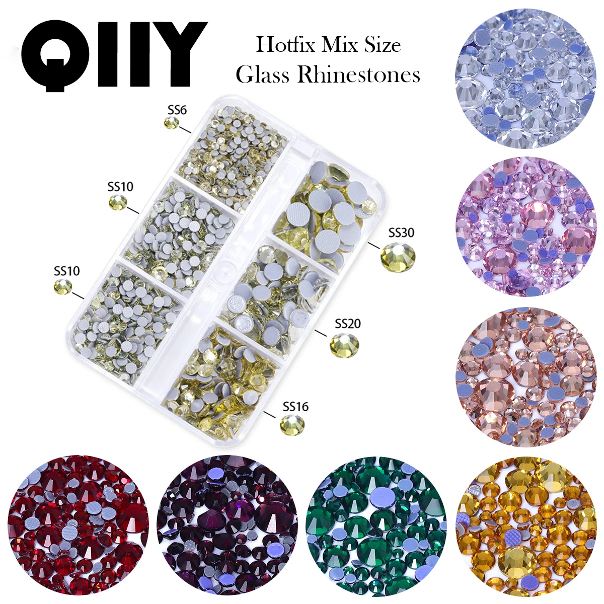 QIIY SS6-SS30 Mix Size Dazzling Glass Rhinestones 6 Boxed Hotfix Flatback Round Strass For Nail Art Garment Clothes Decorations