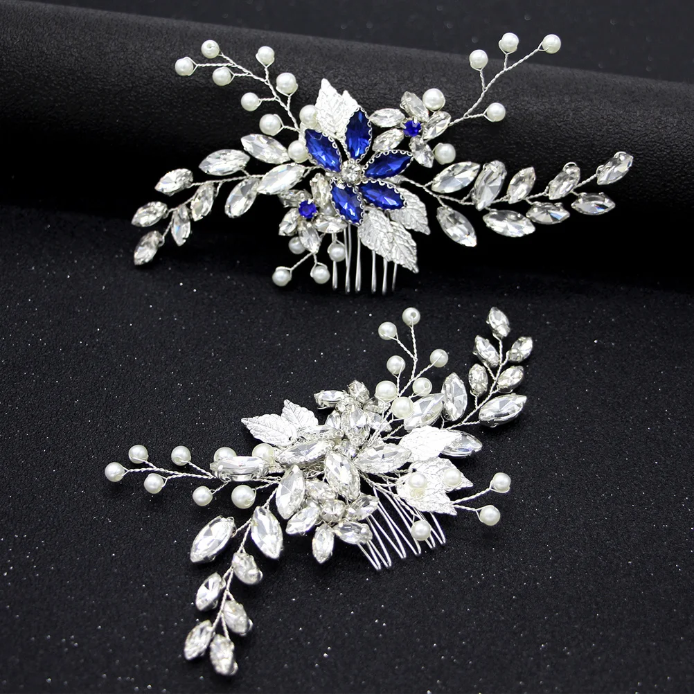 

Pearl Blue Rhinestone Hair Comb Handmade Crystal Flower Hairpin Wedding Party Bridal Headdress Hair Insert Comb