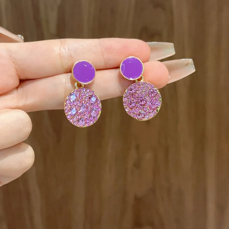925 Silver Needle Earrings Sales Korean Edition Purple Crystal Light Luxury Geometric Circle Dropping Fashion Design Earrings